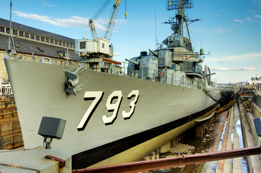 navy ship dry dock angle shot